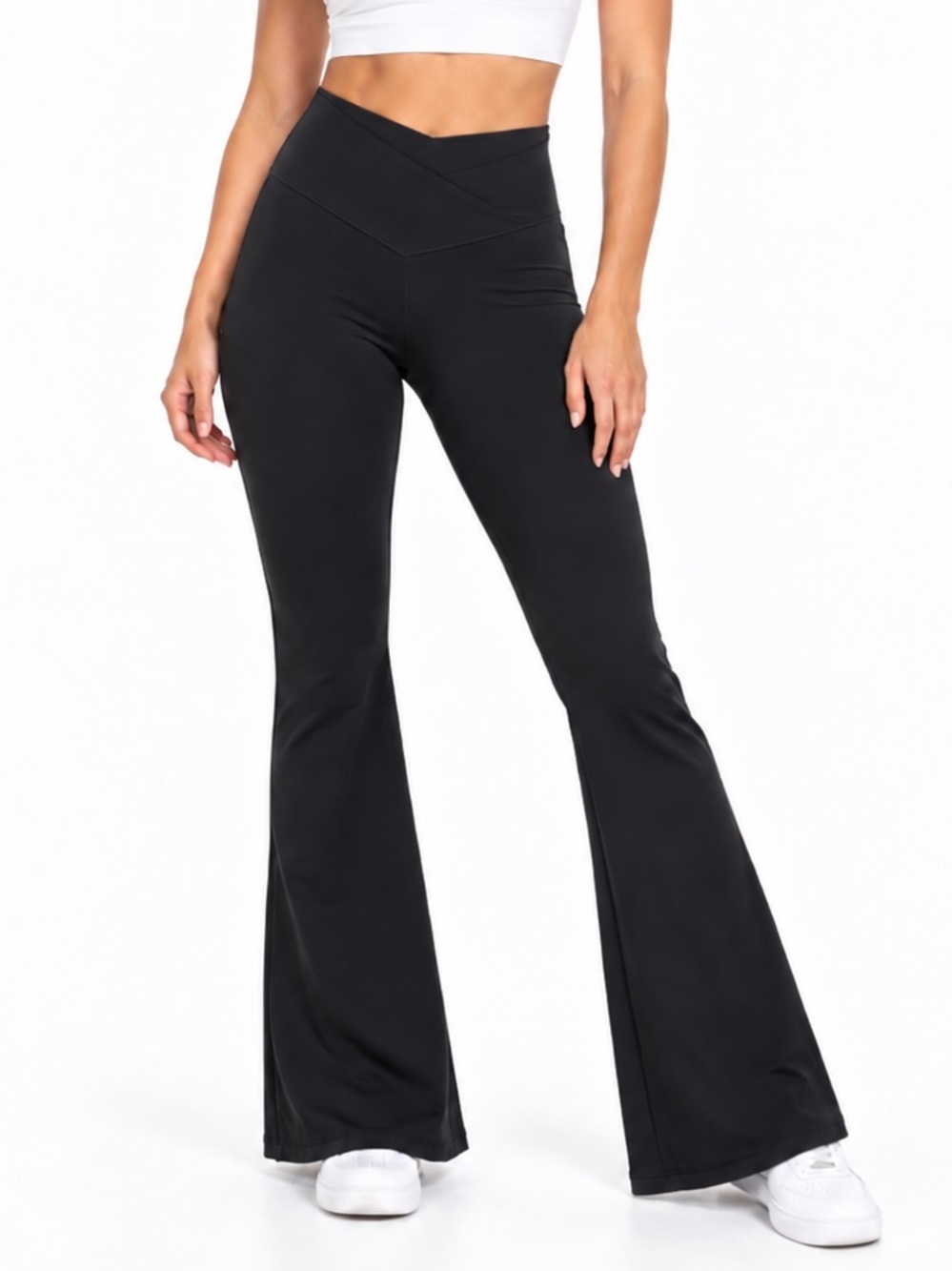 Sunzel Black Crossover Waist Flare Leggings Size small High Rise Yoga Pants